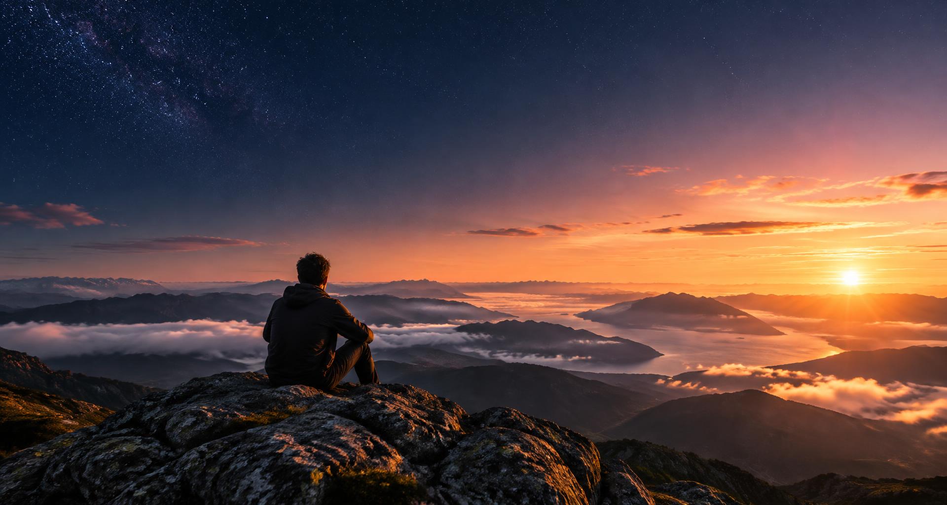 A founder watching sunrise over mountain peaks